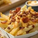 Loaded fries topped with melted cheese, crispy bacon, and creamy sauce.
