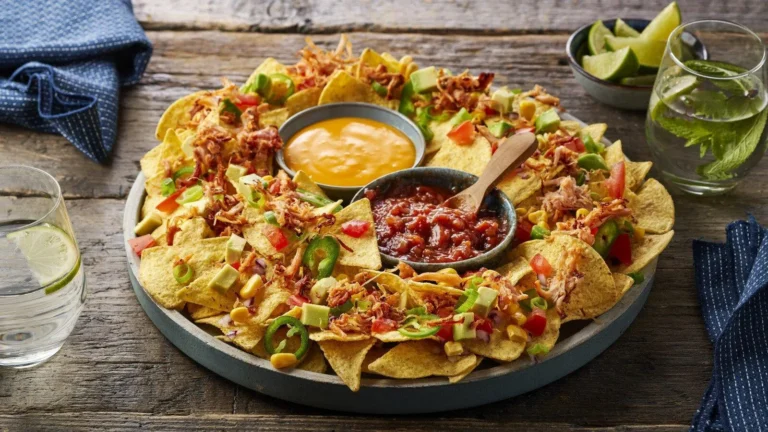 Loaded nachos topped with melted cheese, jalapeños, seasoned beef, and sour cream